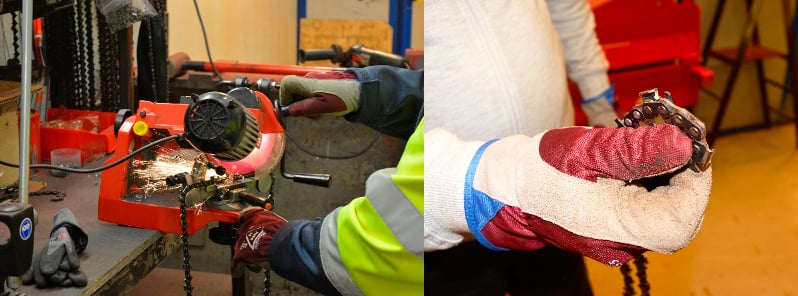 Sharpening your chain with an electric sharpener is an easy and fast way to achieve correctly sharpened chain edges. Check that the cutters are smoothly sharpened and the surface looks uniformly bright.